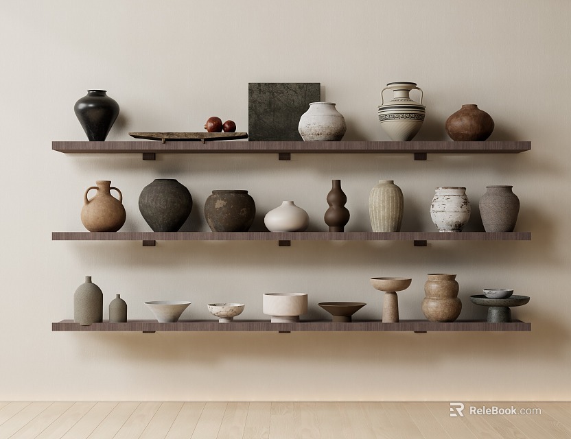 Decorative Ornament Set In Natural Tones Displayed On Multi Layer Shelves With Ceramic Vases And Bowls 3d model 