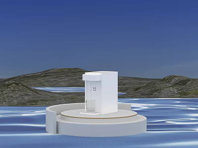 White Household Appliance Placed On Circular Platform With Blue Sky Water And Mountain Range 3d model