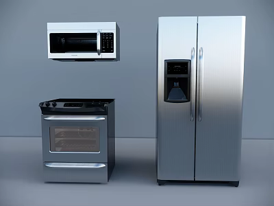 Modern Kitchen With Stainless Steel Refrigerator Microwave And Oven Appliances 3d model