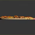 Grilled Assorted Meat And Vegetable Skewers With Yolk Sauce On Wooden Tray