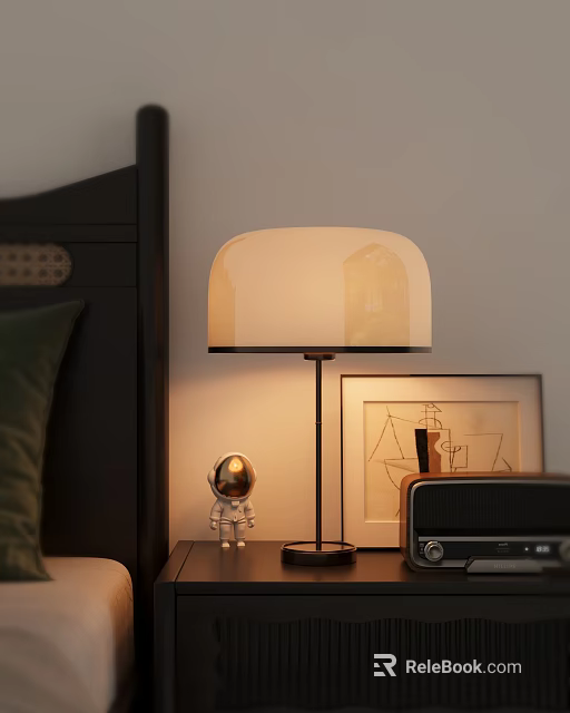 Bedside Table Setup With Table Lamp Astronaut Figurine Radio And Wall Painting 3d model 