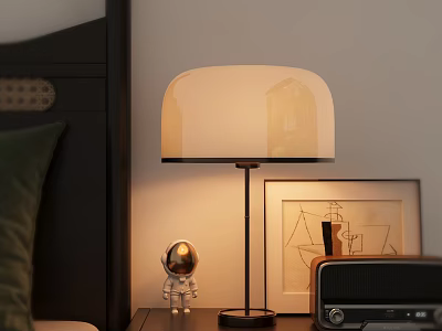 Bedside Table Setup With Table Lamp Astronaut Figurine Radio And Wall Painting 3d model