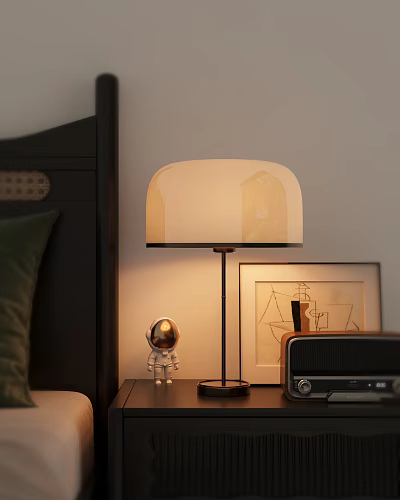 Bedside Table Setup With Table Lamp Astronaut Figurine Radio And Wall Painting 3d model