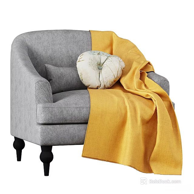 Gray Fabric Single Sofa with Yellow Blanket Decorative Pillow and Black Legs 3d model 