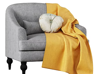Gray Fabric Single Sofa with Yellow Blanket Decorative Pillow and Black Legs 3d model