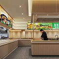 Restaurant Kitchen Interior With Service Counter Staff And Digital Menu Screen