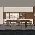 Modern Chinese Tea Room Interior With Wooden Display Shelves Tea Sets And Lighting