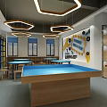 School Maker Space Innovation Workshop With Blue Tables Wooden Stools Bookshelves And Geometric Pendant Lights
