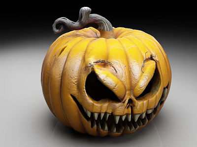 Detailed Carved Yellow Halloween Pumpkin Lantern With Sharp Teeth And Twisted Stem 3d model