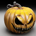 Detailed Carved Yellow Halloween Pumpkin Lantern With Sharp Teeth And Twisted Stem