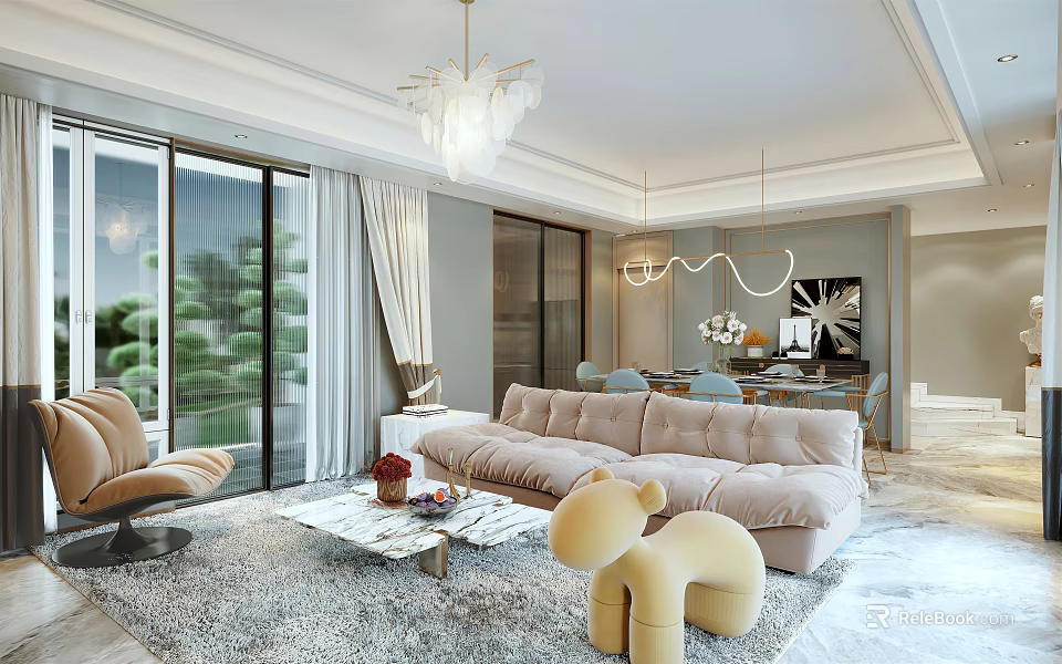 Modern Living Dining Room Interior Design With Beige Sofa Coffee Table Floor-to-Ceiling Windows And Chandelier 3d model 
