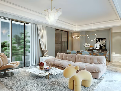 Modern Living Dining Room Interior Design With Beige Sofa Coffee Table Floor-to-Ceiling Windows And Chandelier 3d model