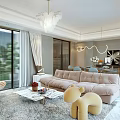 Modern Living Dining Room Interior Design With Beige Sofa Coffee Table Floor-to-Ceiling Windows And Chandelier