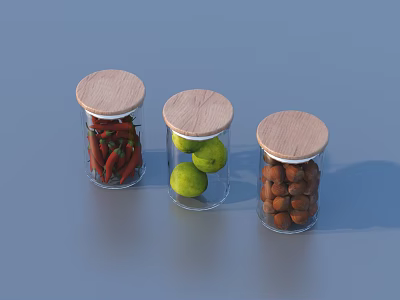 Glass Jars With Wooden Lids Containing Red Chili Peppers Limes And Hazelnuts 3d model