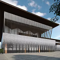 Modern Museum Building Design With Glass Facade And Wooden Roof Structure Under Blue Sky