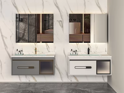Modern Bathroom Vanity With Double Sinks Marble Wall And Mirrors Storage Cabinets 3d model