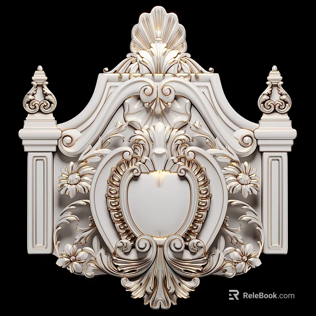 Ornate White Relief Decorative Element With Floral Scroll And Circular Design 3d model 
