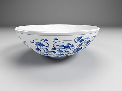 Traditional Blue and White Ceramic Bowl with Delicate Floral Patterns for Home Decor 3d model