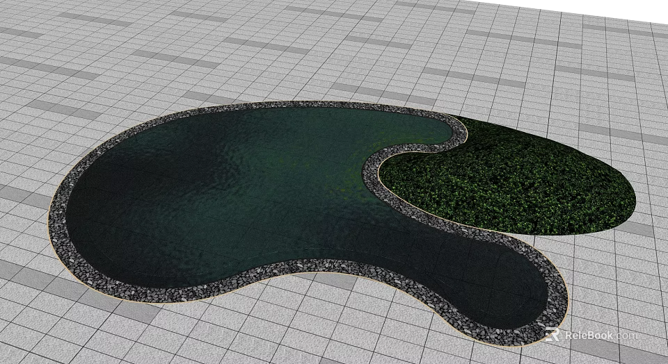 Irregular Shaped Garden Ornament Pond With Stone Edge And Greenery On Grid Tiles 3d model 