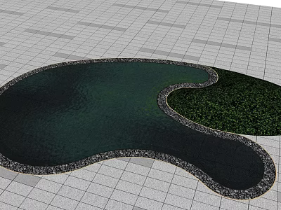 Irregular Shaped Garden Ornament Pond With Stone Edge And Greenery On Grid Tiles 3d model