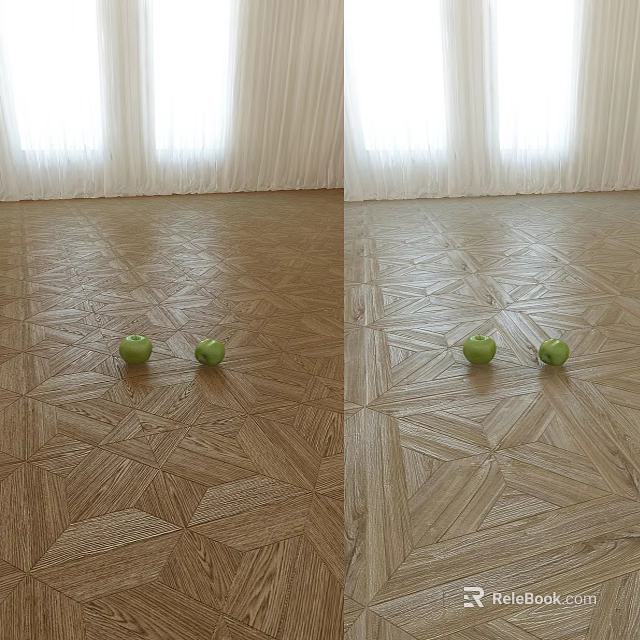 Geometric Patterned Wooden Floor With Two Green Apples In Natural Sunlit Room 3d model 