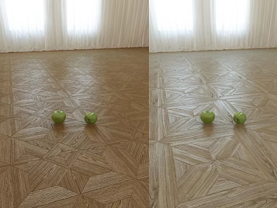 Geometric Patterned Wooden Floor With Two Green Apples In Natural Sunlit Room 3d model