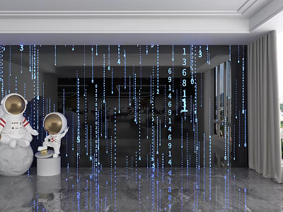 Modern Wall With Blue Digital Raindrop Decorations And White Astronaut Figurines In Gray Floor Interior 3d model