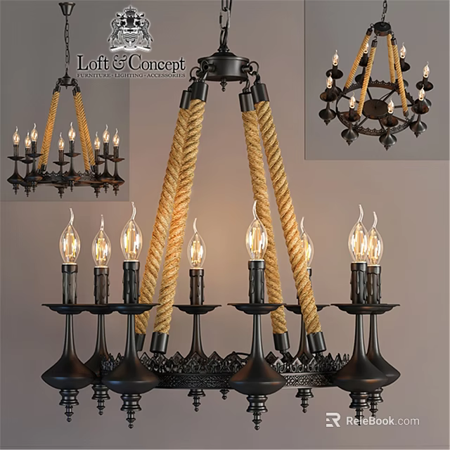 Vintage Industrial Chandelier With Rope Accents Black Metal Frame And Candle Shaped Bulbs 3d model 