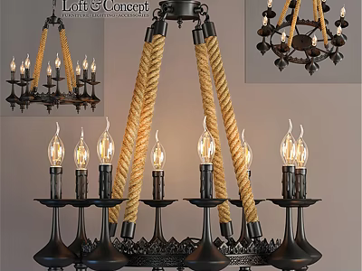 Vintage Industrial Chandelier With Rope Accents Black Metal Frame And Candle Shaped Bulbs 3d model
