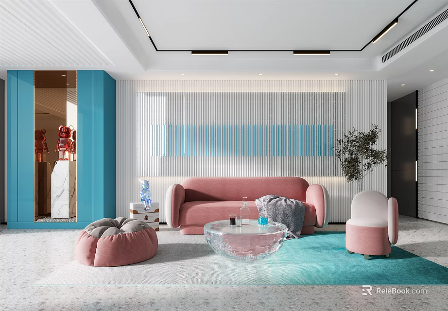 Modern Living Room Interior With Pink Sofa Transparent Coffee Table Pink Bean Bags And Blue Rug 3d model 