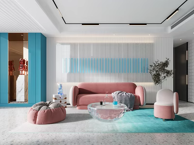 Modern Living Room Interior With Pink Sofa Transparent Coffee Table Pink Bean Bags And Blue Rug 3d model