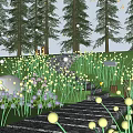Dandelion Shaped Outdoor Lights Illuminate Evening Stone Path With Trees And Grass