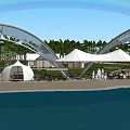 Tranquil Beach Landscape With White Tents Arched Bridges Trees Cottages And People