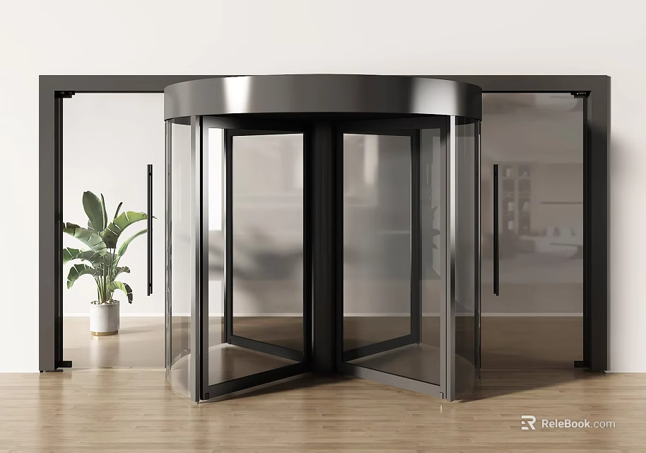 Modern Revolving Door with Glass Panels and Metal Frame in Interior Space with Plant 3d model 