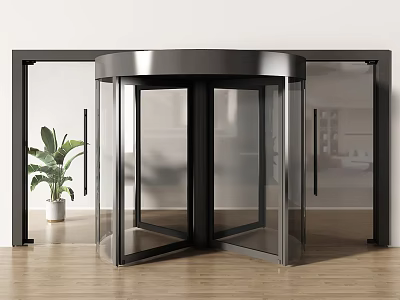 Modern Revolving Door with Glass Panels and Metal Frame in Interior Space with Plant 3d model