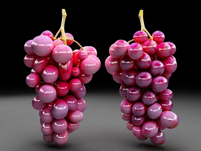 Fresh Plump Purple Grapes Two Bunches With Shiny Skin On Dark Background 3d model