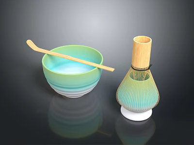 Green Bowl With Liquid Inside And Wooden Spoon Bamboo Striped Container Daily Use 3d model