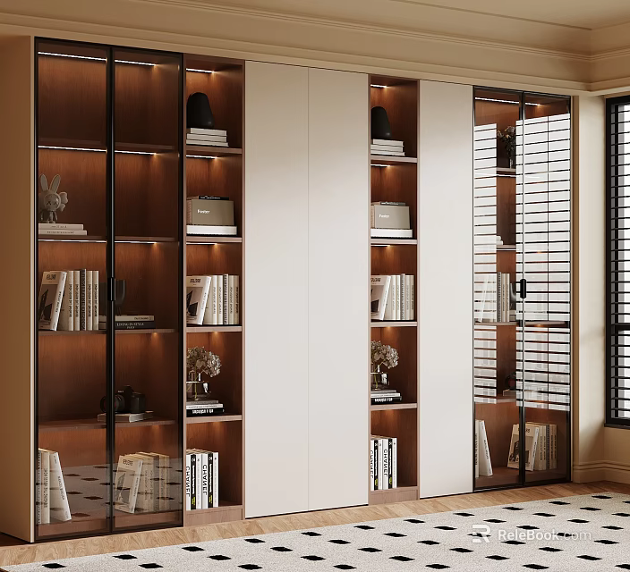Modern Bookcase With Wooden Frame White Panels Glass Doors And Lit Shelves 3d model 