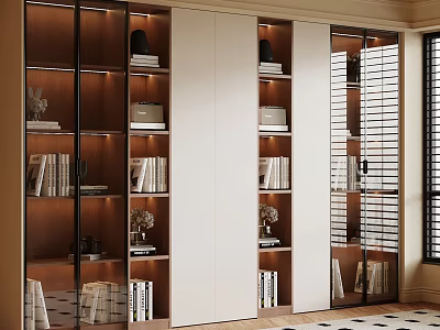 Modern Bookcase With Wooden Frame White Panels Glass Doors And Lit Shelves 3d model