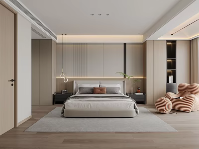 Modern Bedroom Interior With Large Bed Nightstands Pendant Lights And Area Rug 3d model