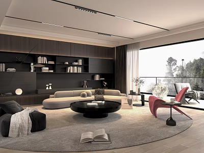 Modern Living Room Interior Design With Dark Bookshelves Beige Sofa Red Chair And Window View 3d model