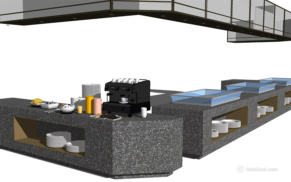 Contemporary Kitchen Counter Featuring Coffee Machine Cups Dishes And Gray Top 3d model