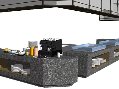 Contemporary Kitchen Counter Featuring Coffee Machine Cups Dishes And Gray Top 3d model