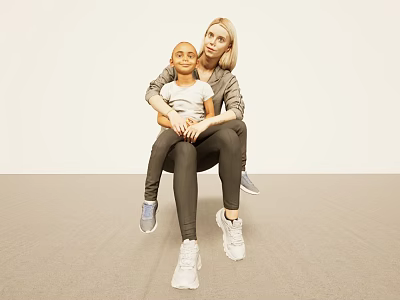 Mother and Child Sitting Together on Beige Floor in Casual Outfits with Sneakers 3d model