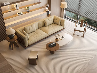 Modern Beige Sofa And Coffee Table Set With Small Stool Table Lamp And Natural Light 3d model