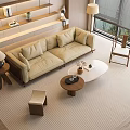 Modern Beige Sofa And Coffee Table Set With Small Stool Table Lamp And Natural Light 3d model