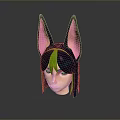 Anime Style Character Head With Creature Ears Black Hair Green Highlights And Pink Accents