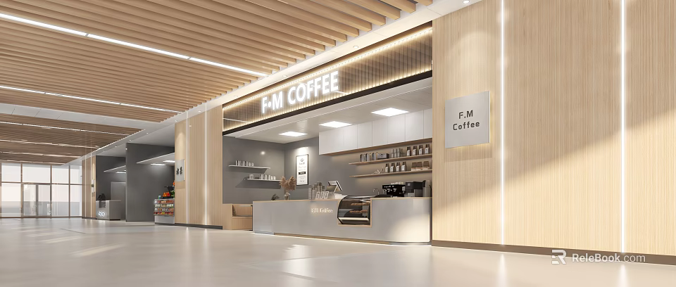 Modern F·M Coffee Cafe Interior With Wooden Ceiling Bar Counter Coffee Machines And Display Shelves 3d model 