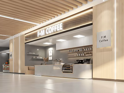 Modern F·M Coffee Cafe Interior With Wooden Ceiling Bar Counter Coffee Machines And Display Shelves 3d model