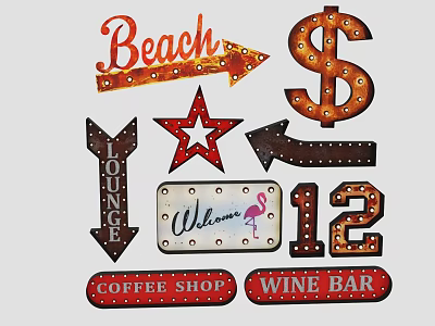 Vintage Decorative Lights for Beach Lounge Coffee Shop Wine Bar with Star Arrow Welcome Flamingo 3d model